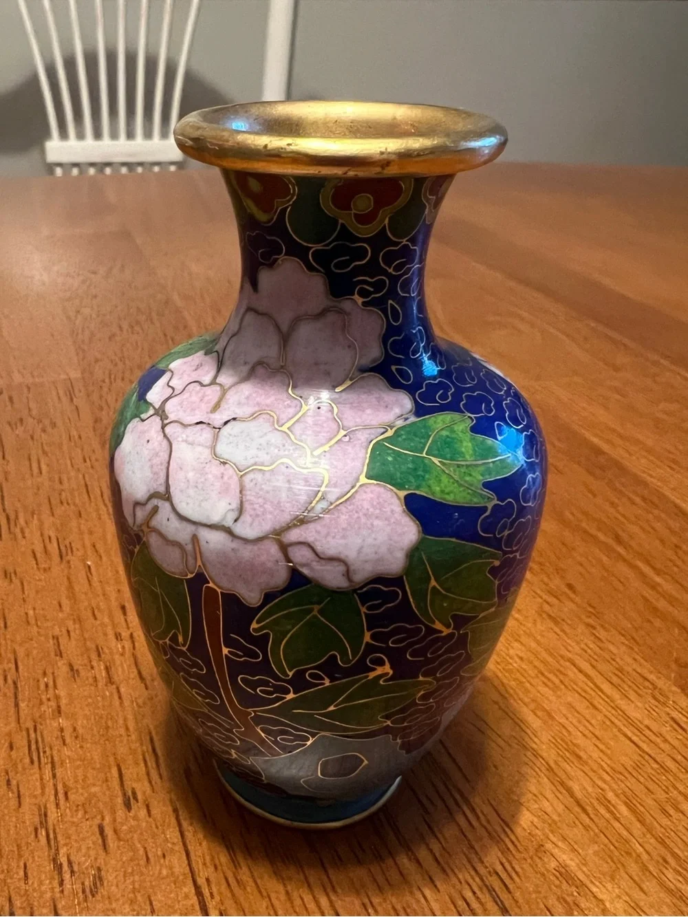 Hand-Painted Cloisonné Floral Vase - Blue and Pink, vintage